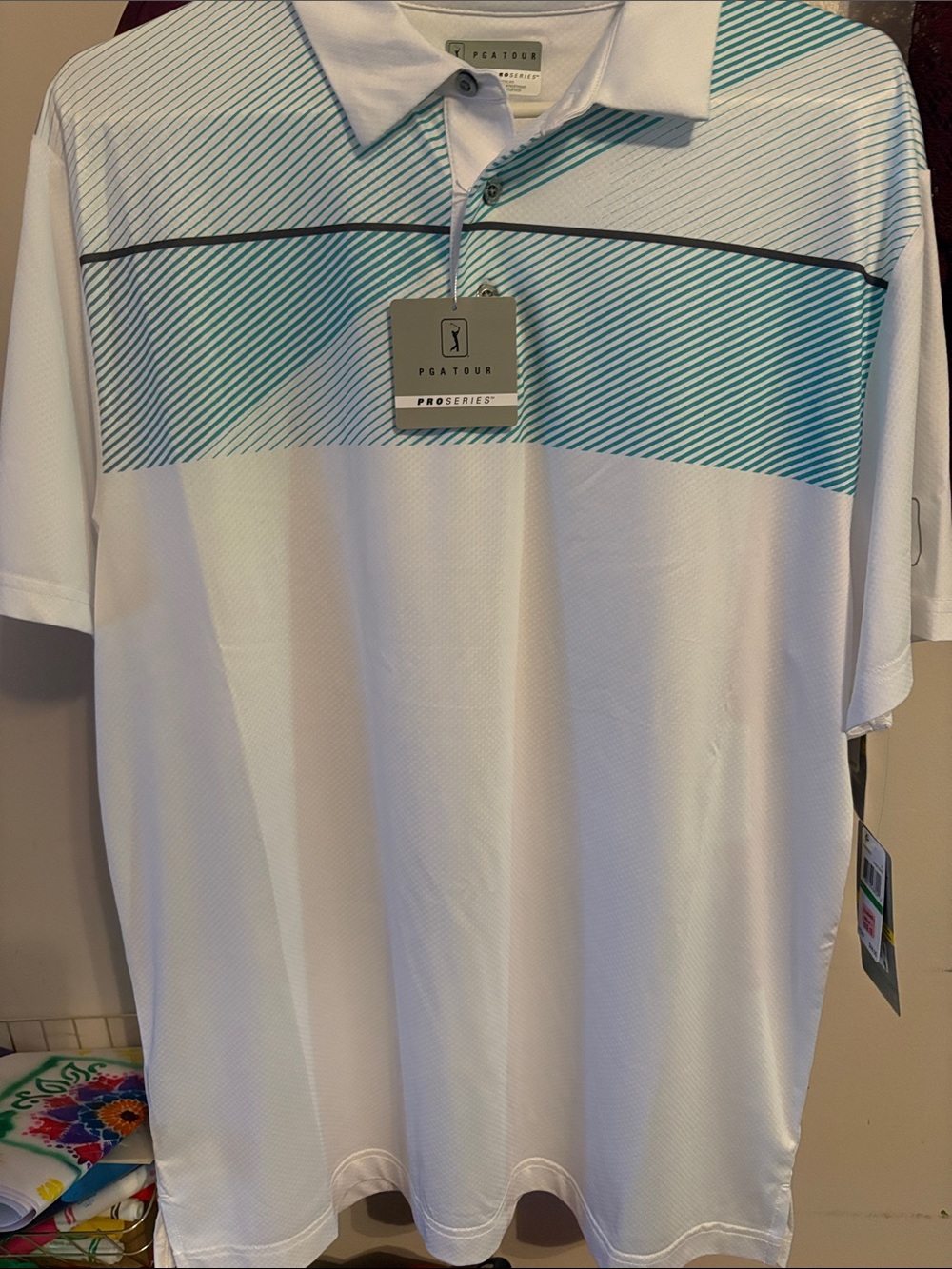 PGA TOUR White Polo with Teal Diagonal Stripe